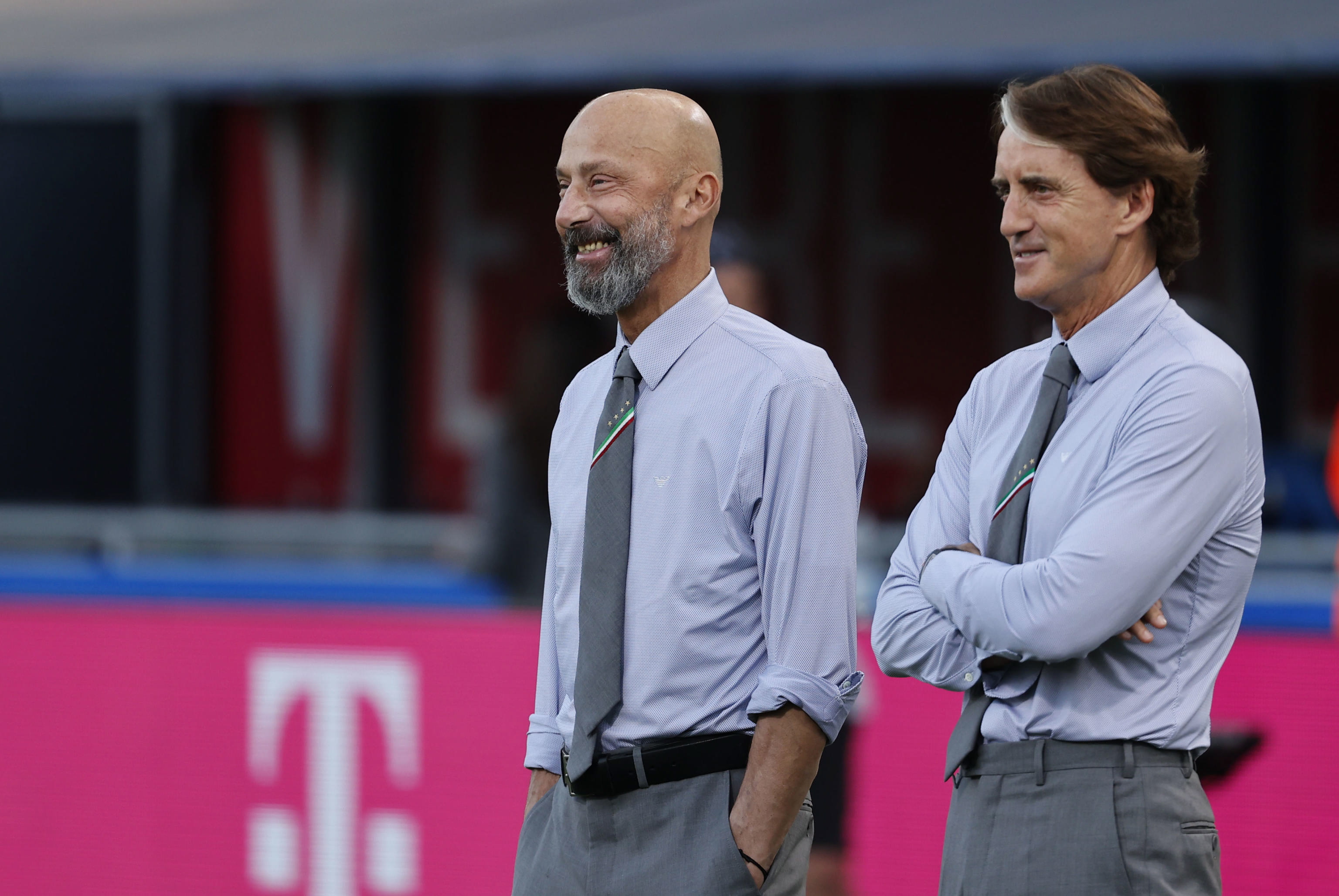 Bologna (Italy), 04/06/2022.- (FILE) - Italy's head coach Roberto Mancini (R) and Gianluca Vialli, head of the Italian national team delegation, prior to the UEFA Nations League match against Germany at Renato Dall'Ara stadium in Bologna, Italy, 04 June 2022 (re-issued 06 January 2023). Gianluca Vialli died at the age of 58 after battling pancreatic cancer his family confirmed 06 January 2023. (Alemania, Italia) EFE/EPA/SERENA CAMPANINI