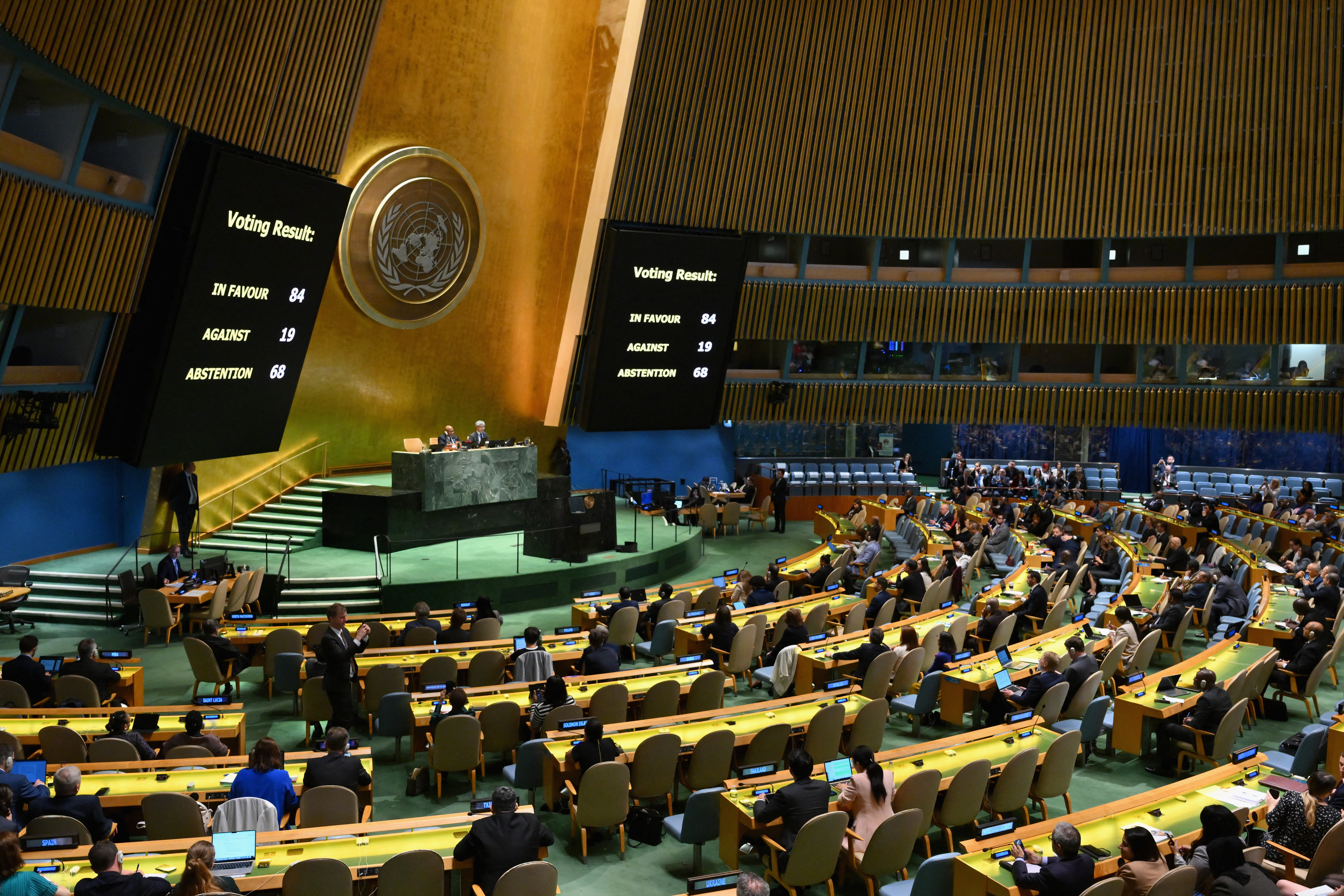 The UN General Assembly votes on the creation of an International day to commemorate the 1995 genocide Srebrenica at United Nations (UN) headquarters in New York on May 23, 2024.