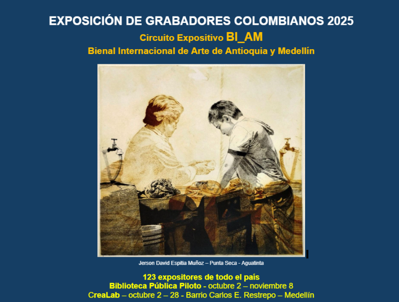 Póster oficial de la Exposición de Grabadores Colombianos 2025, parte del Circuito Expositivo de la BIAM 2025 en Medellín.