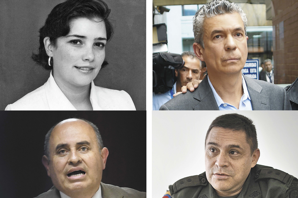 Protagonistas del caso chuzadas desde la Fiscalía, de izq. a der. y de arriba a abajo: la hacker Marialicia Pinzón, Laude José Fernández, el exfiscal Fabio Martínez Lugo y el general (r) Humberto Guatibonza.