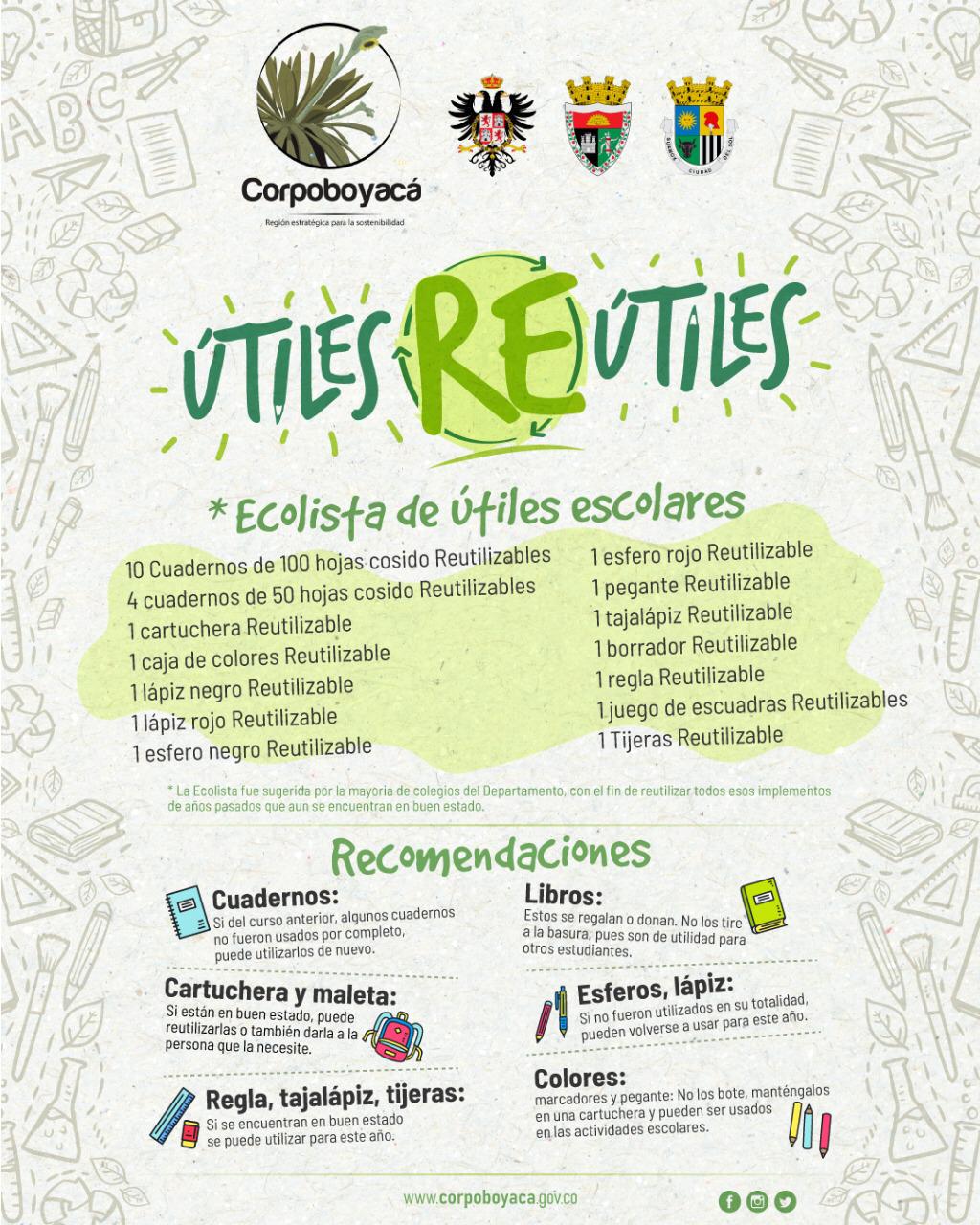 Recomiendan reutilizar o donar cartucheras y maletas, y seguir utilizando esferos y lápices que no fueron consumidos en su totalidad. También sugieren hacer un collage en la primera página disponible con datos o frases ambientales a manera de separador en los cuadernos, e iniciar su reúso en la página siguiente.