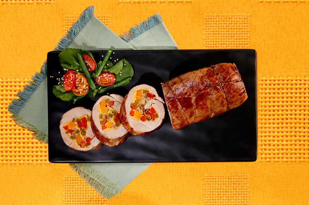 Receta: solomito de cerdo relleno de plátano maduro, queso mozzarella y tocineta