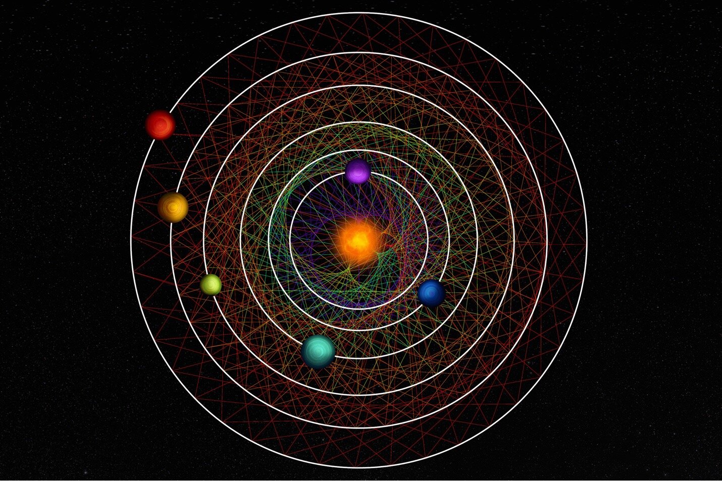 Una ilustración artística muestra la conformación del sistema solar con seis planetas.