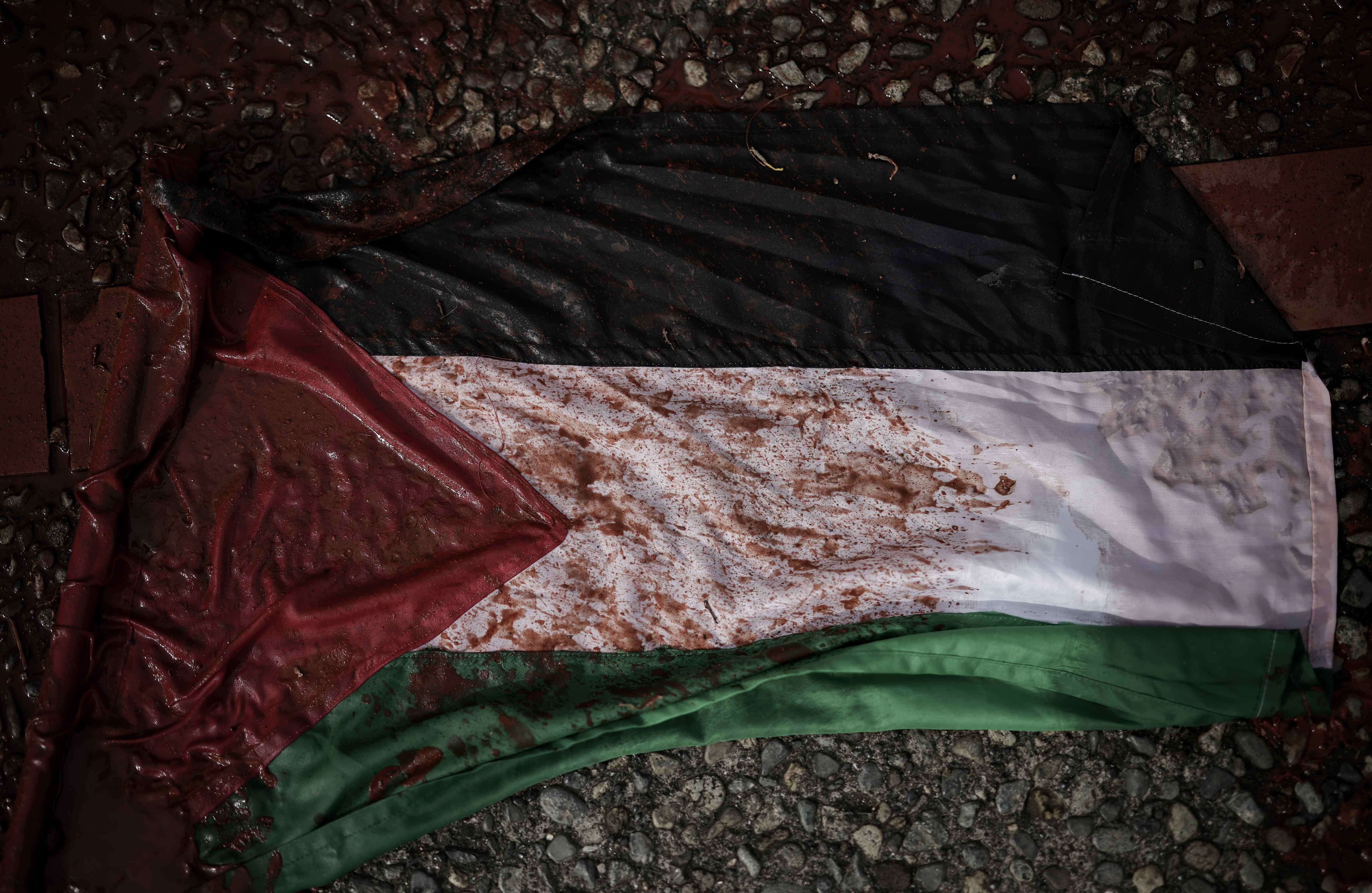-FOTODELDÍA- AME5439. SAN JOSÉ (COSTA RICA), 07/10/2024.- Fotografía de una bandera de Palestina durante una protesta este lunes, en San José (Costa Rica). Un grupo de personas pro Palestina protestó en los alrededores de la embajada de los Estados Unidos en San José, Costa Rica, con el objetivo de recordar que hace un año se inició el conflicto entre Israel y la Franja de Gaza. EFE/Jeffrey Arguedas