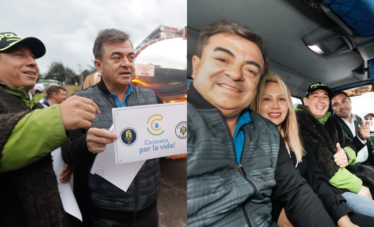 Olmedo López, Sandra Ortiz y Carlos Amaya entregando carrotanques en Boyacá.