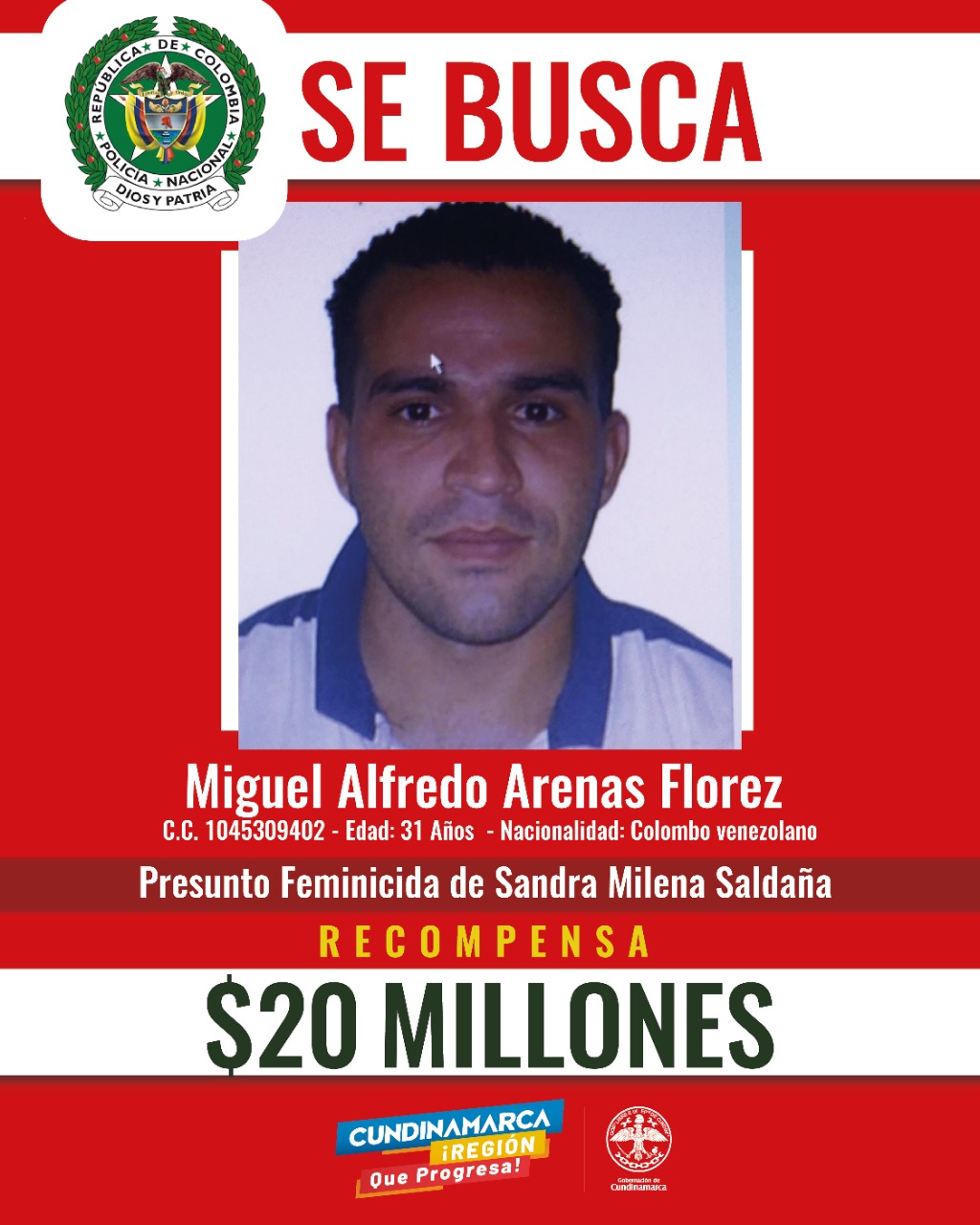 Arenas está desparecido desde el pasado lunes 28 de septiembre, cuando encontraron a Saldaña.
