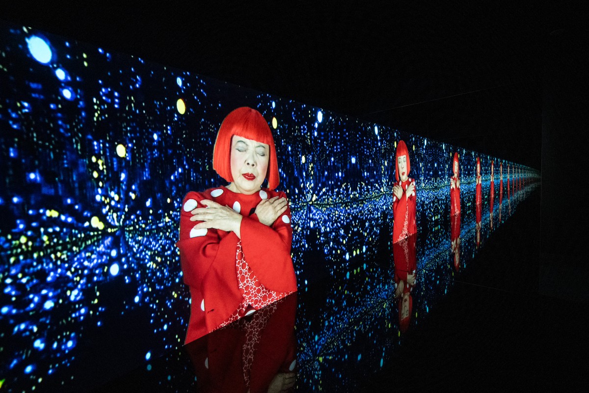 (FILES) A video projection of "Song of a Manhattan Suicide Addict" by Japanese artist Yayoi Kusama is seen during the media preview of the exhibition "I would overcome death and go on living" at Yayoi Kusama Museum in Tokyo on October 16, 2024.