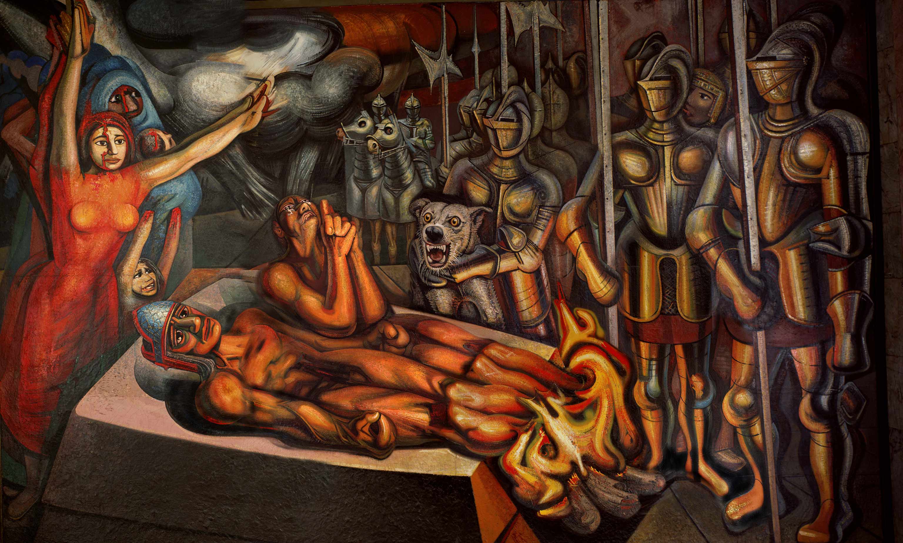 Mural, Tormento de Cuauhtémoc rememora el momento en que el gobernante azteca es sometido a tortura por los conquistadores españoles, quemándole los pies para que revele el lugar donde se esconden los supuestos tesoros de la gran Tenochtitlán. Obra de David Alfaro Siqueiros