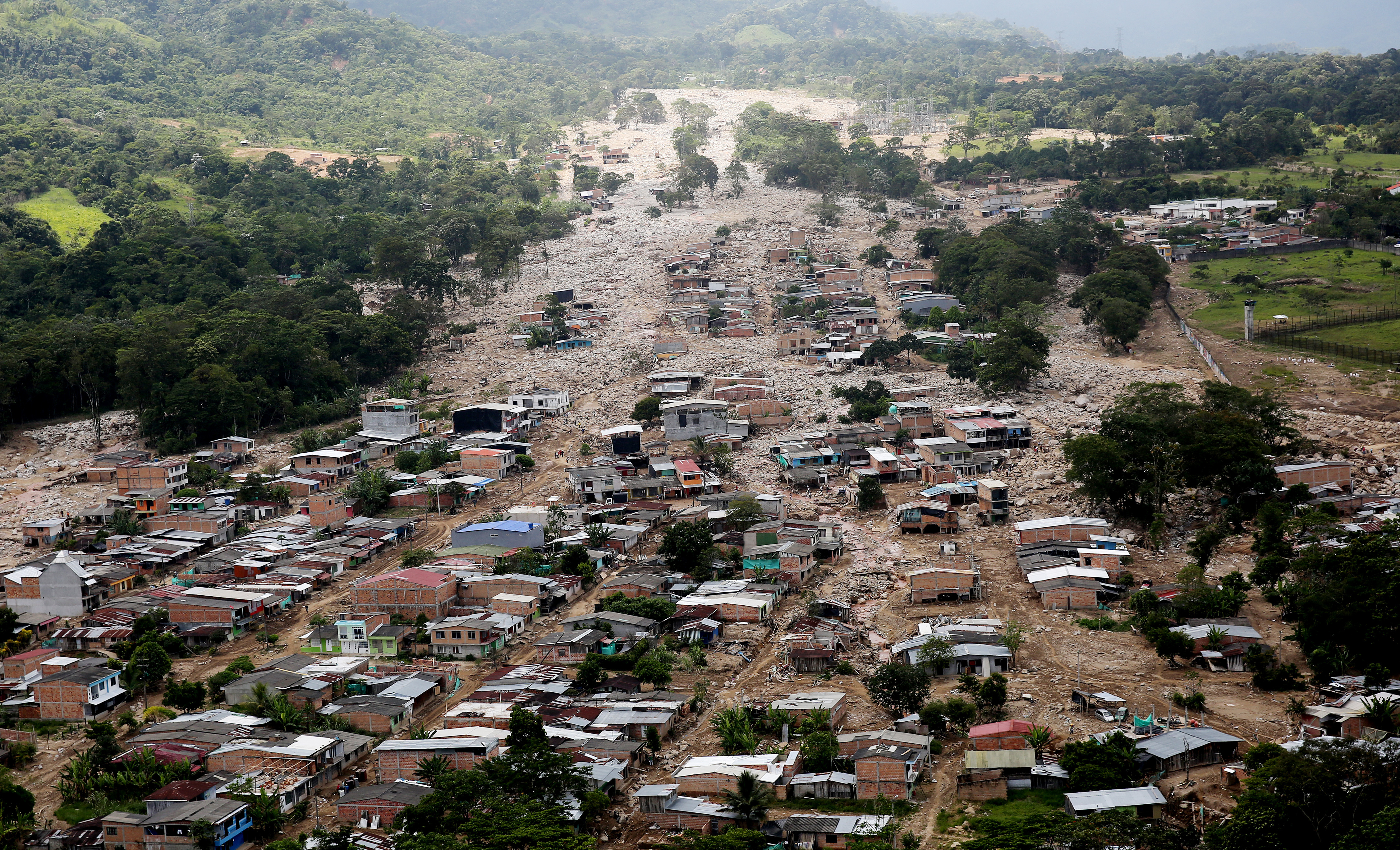 Vista aérea de un barrio afectado en Mocoa en abril de 2017, luego de la avalancha del 1 de abril de ese año.
