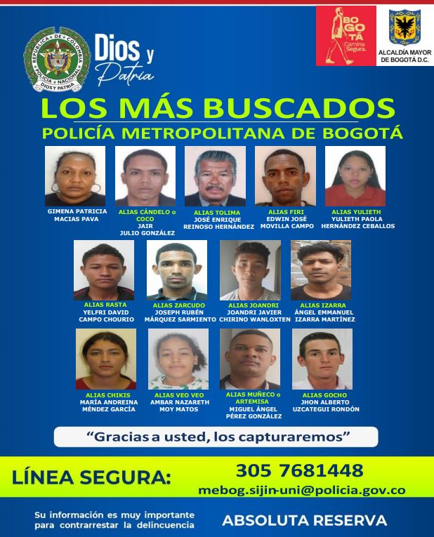 Cartel de los más buscados por múltiples delitos en Bogotá.