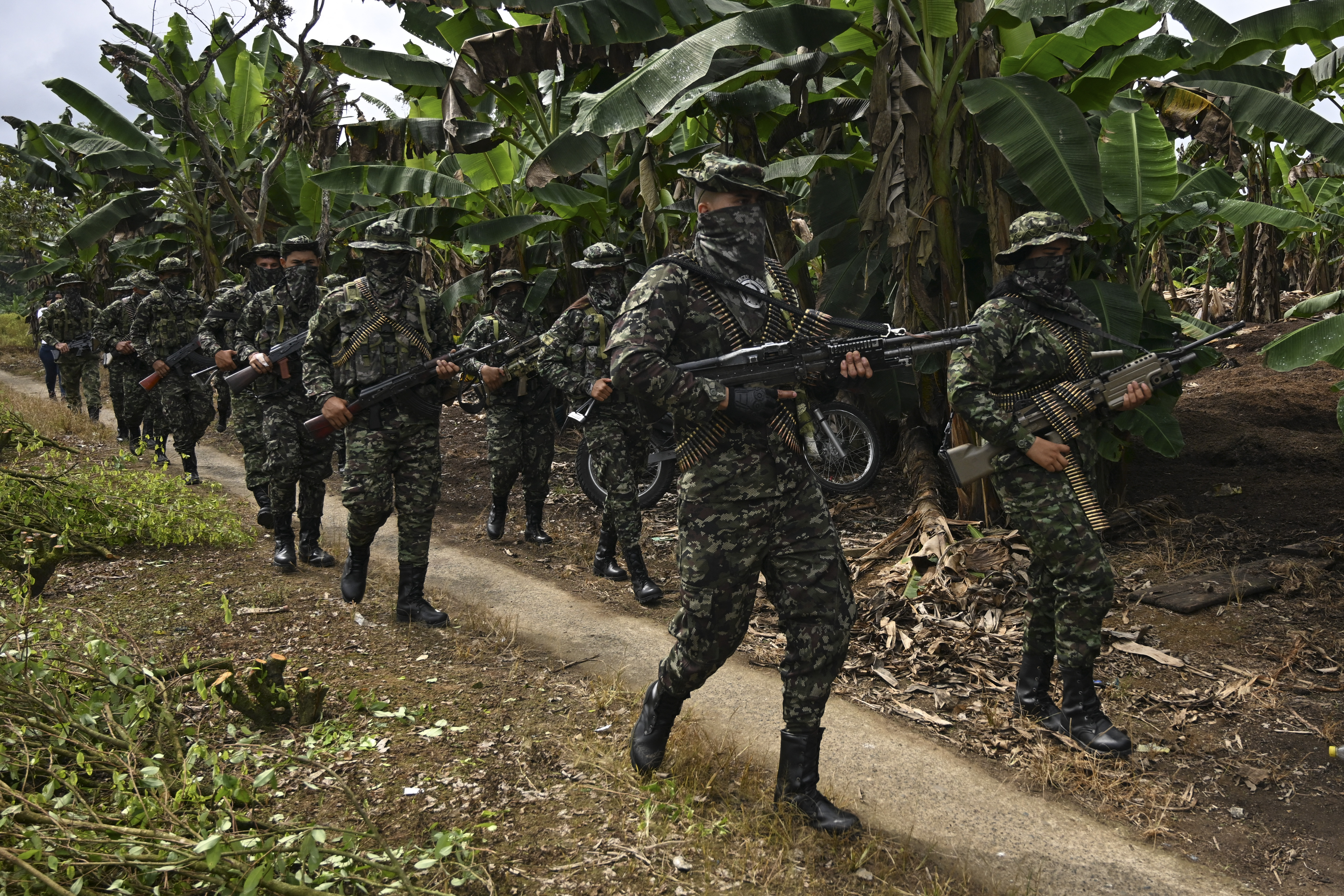 Members of the FARC dissident group Segunda Marquetalia march on a farm in Llorente, a rural area of the port city of Tumaco, Nariño department, Colombia, on August 31, 2024.