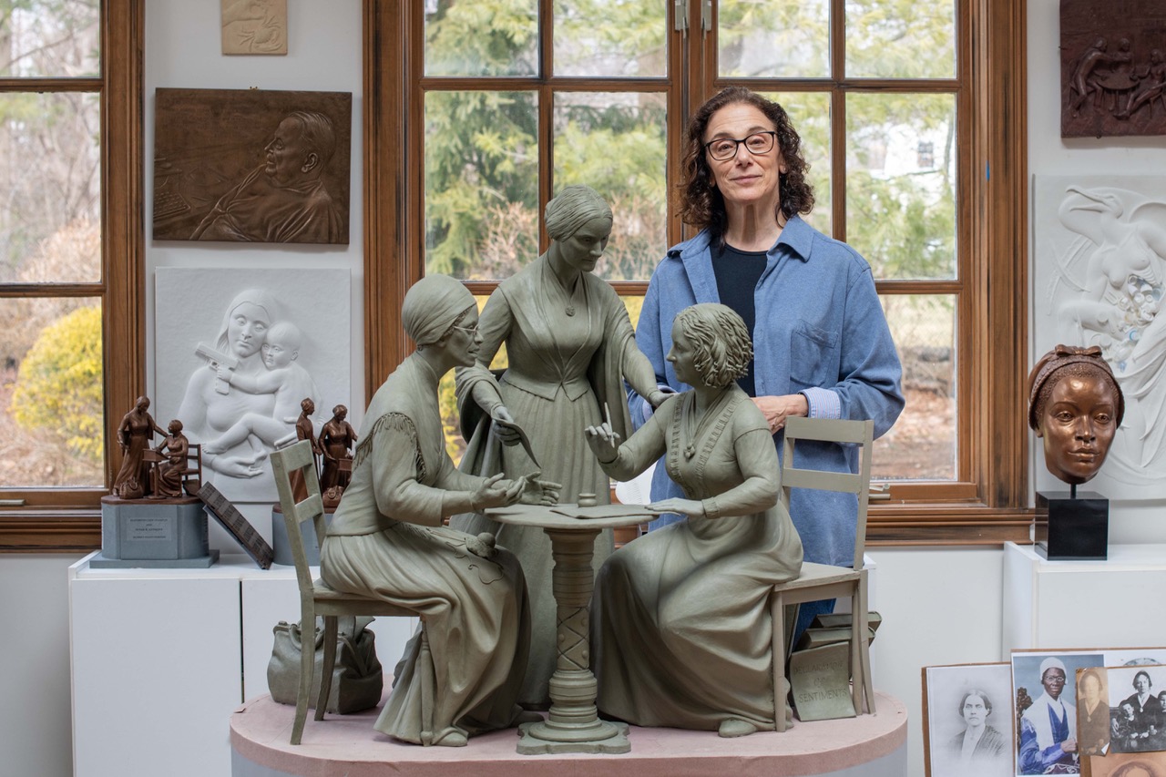 Meredith Bergmann at work on the Women’s Rights Pioneers Monument for Central Park, New York City 2020