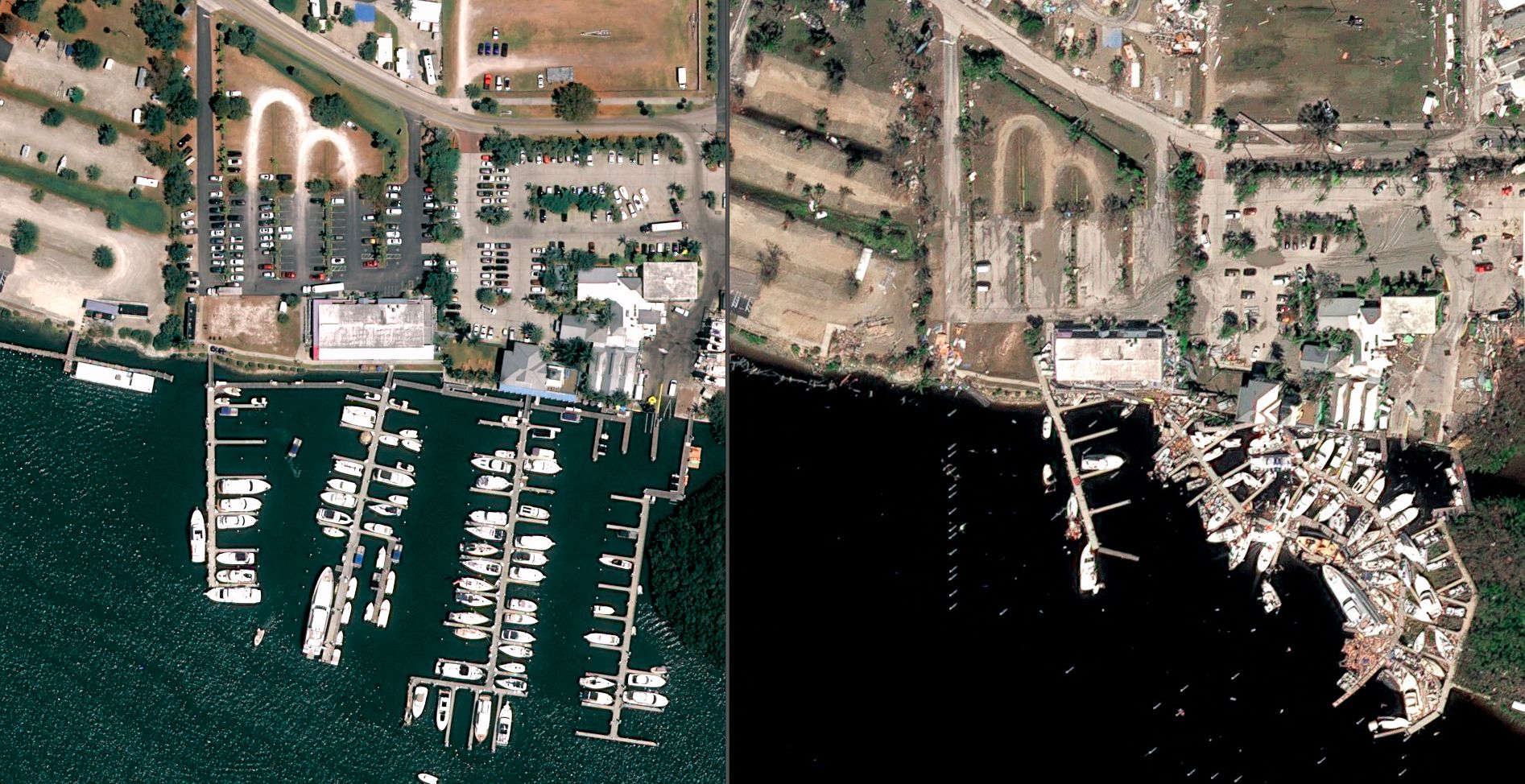 Fort Myers Beach, Florida, antes y después del paso del huracán Ian.