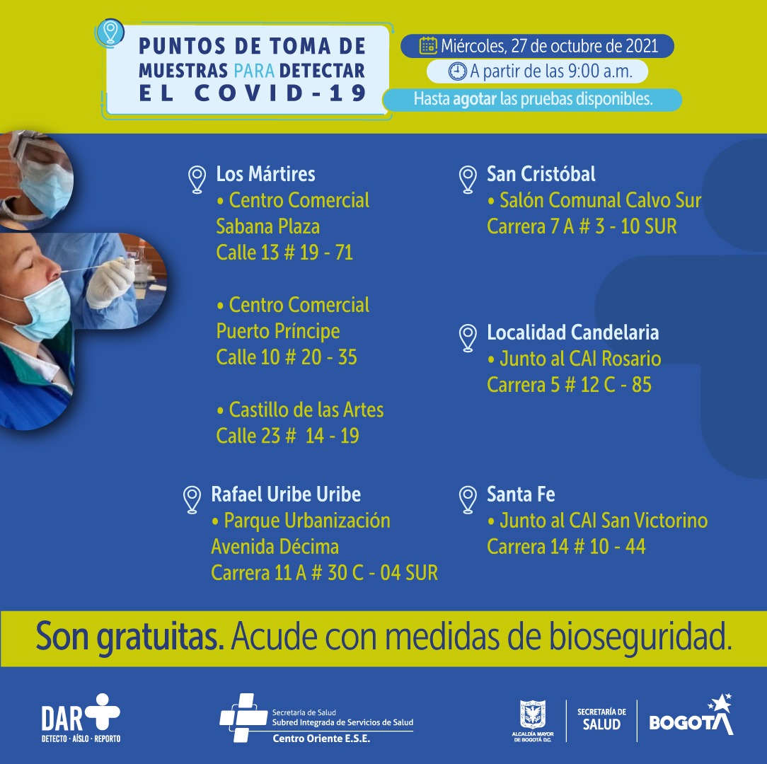 Estos son los puntos para toma de pruebas COVID-19 este miércoles en Bogotá.