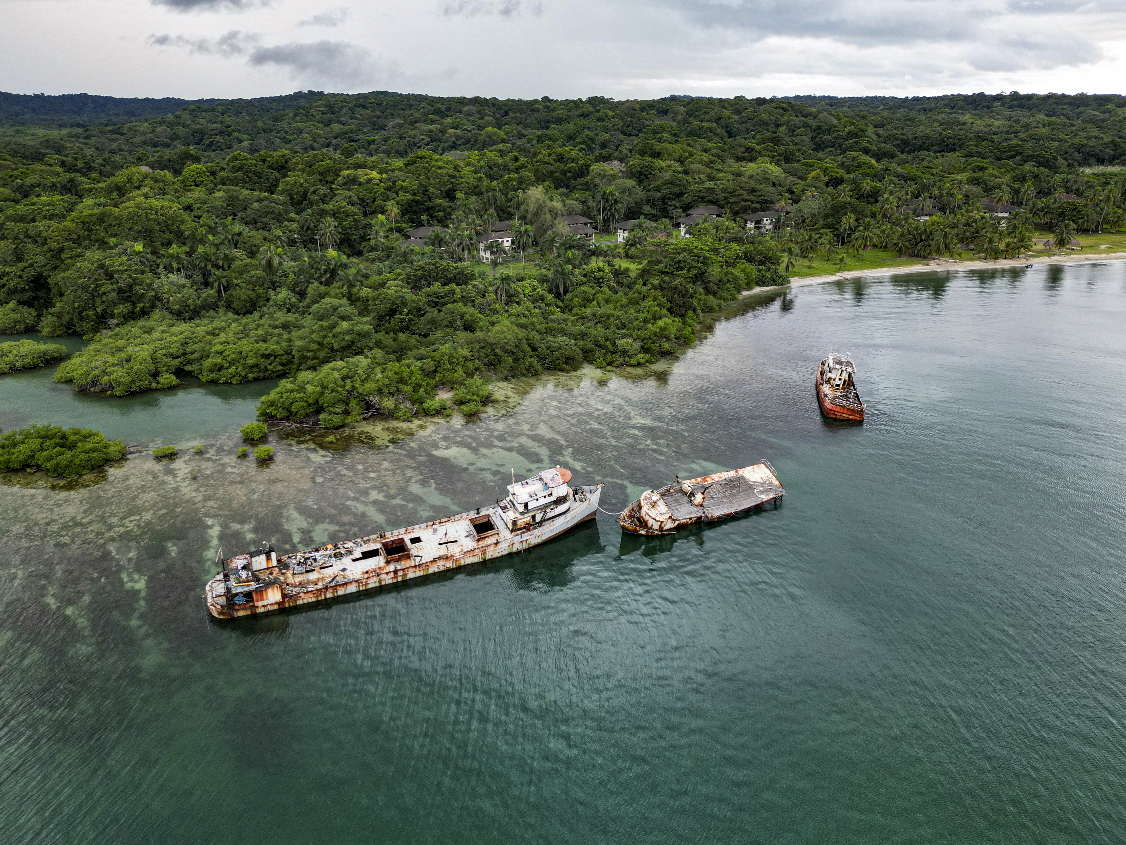 Aerial view of stranded ships in Limon Bay, near the Panama Canal exit to the Caribbean Sea in Colon, Panama, on November 7, 2024.