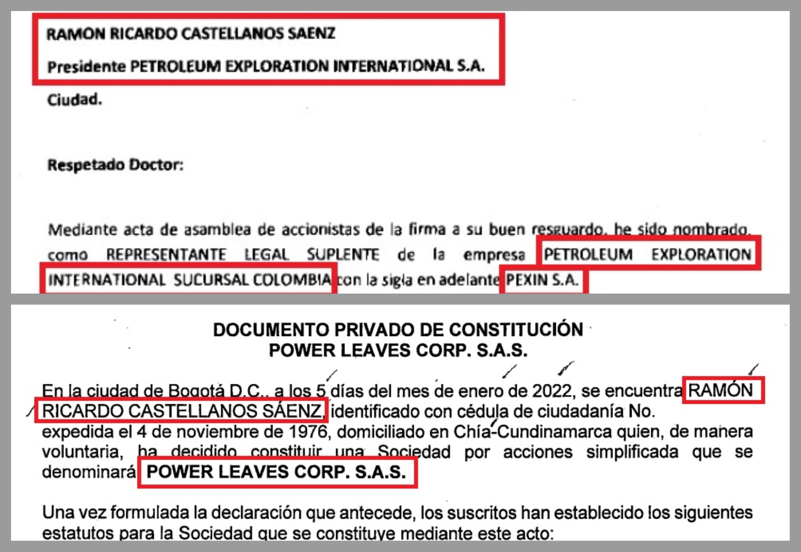 Ramón Ricardo Castellanos aseguró que únicamente conoce a Morales Fallón "en su rol de consultor". Sin embargo, este diario pudo confirmar que fue el primer representante legal de Power Leaves mientras figura como presidente de la compañía en la que también estuvo Morales, Petroleum Exploration.