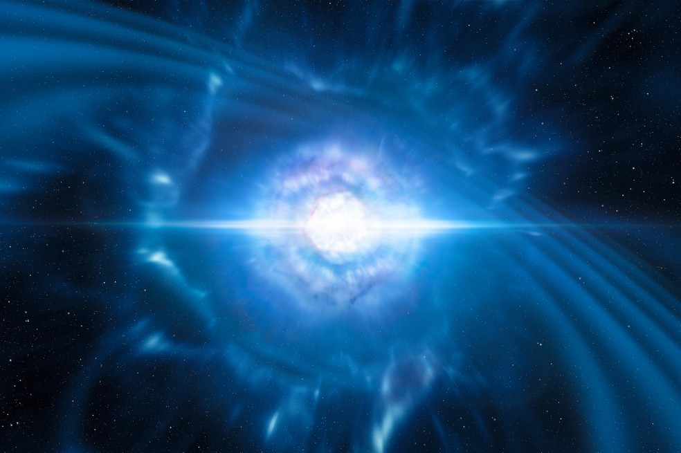 Ilustración de la colisión de estrellas de neutrones que produjo el evento de ondas gravitacionales observado por los telescopios LIGO y Virgo. / ESO, L. Calçada, M. Kornmesser