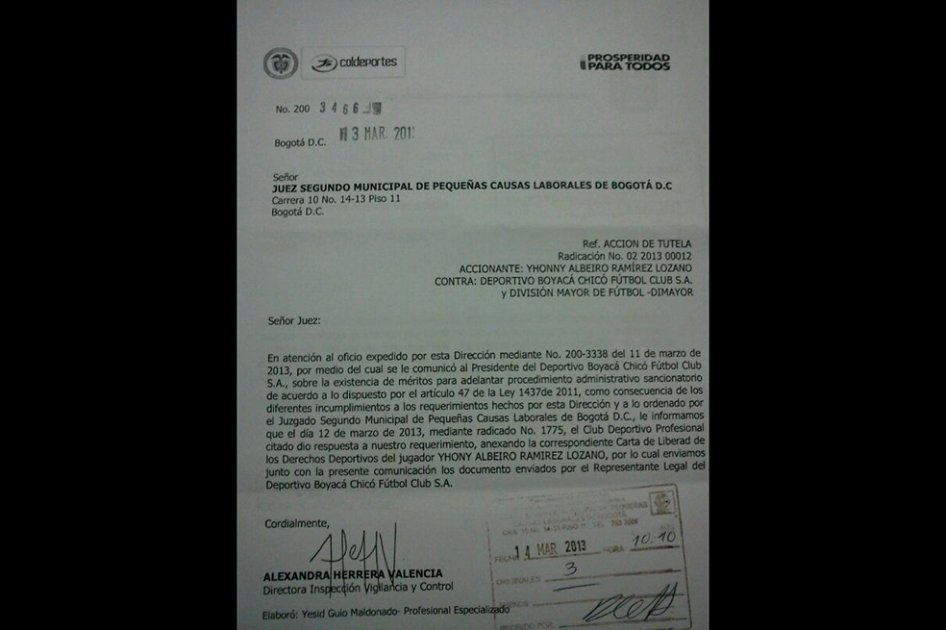 Coldeportes avala carta de libertad de jugador Yhonny Ramírez