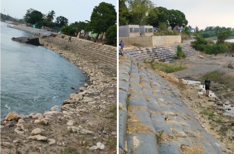 La recuperación ambiental y paisajística de la ribera del río Sinú, llamada ronda del Sinú, está a cargo del Consorcio Rivera Tierralta. La obra inició formalmente el 27 de abril de 2022 y la fecha prevista de finalización es el 27 de abril de 2023. Sin embargo, por lo que revelan estas imágenes recientes de la obra, compartidas con esta alianza periodística, ésta está lejos de terminarse. Foto de la Ronda del río Sinú, municipio de Tierralta, tomada por un habitante el 5 de abril de 2023