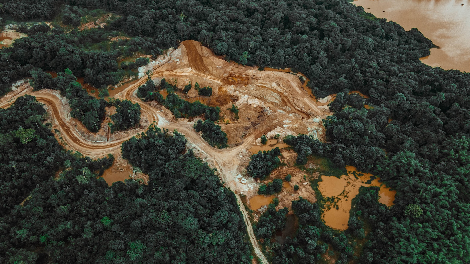Vista aérea de un camino de tierra en medio de un bosque en Sangre Grande, Trinidad y Tobago.