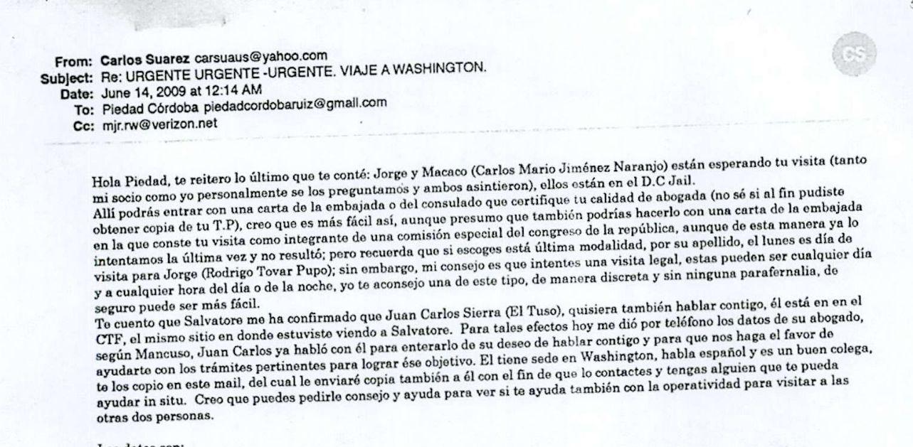Pantallazo del correo de Carlos Suárez a Piedad Córdoba./ Archivo particular.