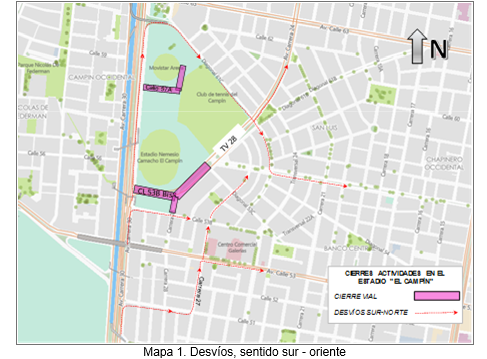 *Los usuarios que circulan en sentido norte – sur por la av. carrera 24 o transversal 28 y desean tomar la av. calle 53 al occidente deberán tomar transversal 25 al sur – diagonal 53C al oriente - carrera 24 al sur – av. calle 53 al occidente por donde se empalman con su recorrido habitual (Mapa 2).