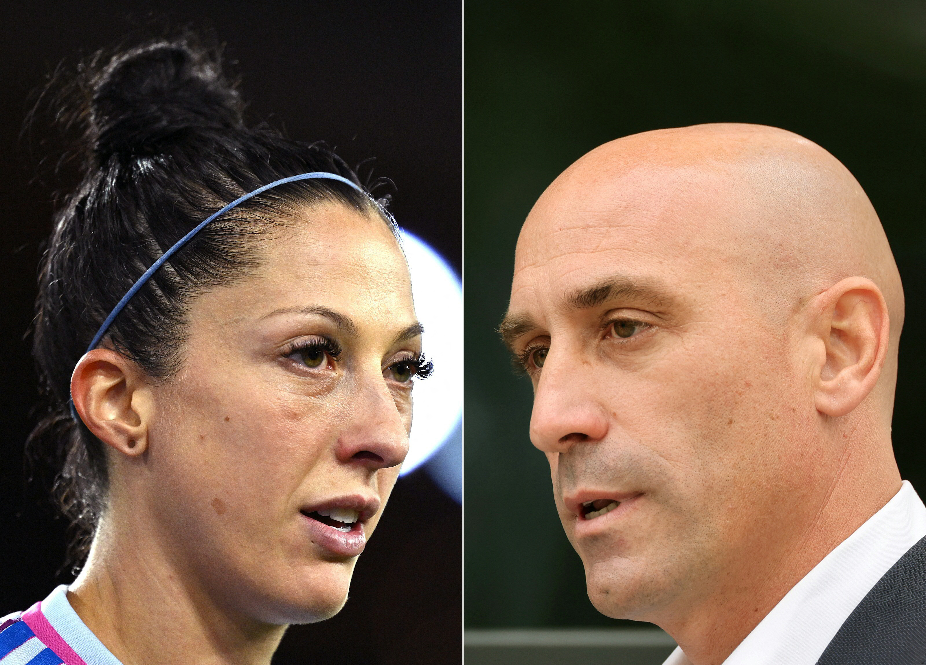 (COMBO)(FILES) This combination of file pictures created on January 29, 2025 shows Spain's forward #10 Jenni Hermoso during the UEFA Women's Nations League football match between Spain and Switzerland (Zurich on October 31, 2023) and former president of the Spanish football federation Luis Rubiales leaving the Audiencia Nacional court (Madrid on September 15, 2023).