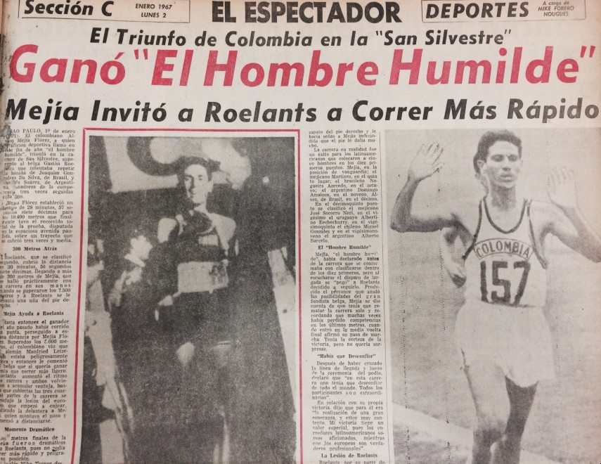 Facsímil de El Espectador con el friunfo de Álvaro Mejía en la carrera de San Silvestre 1966