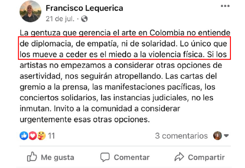 Estas fueron los mensajes que publicó Francisco Lequerica en Facebook.