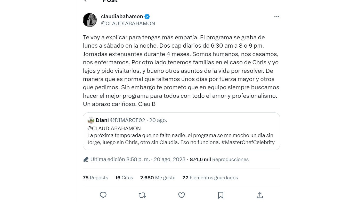 Claudia Bahamón y su enojo por críticas a ‘MasterChef Celebrity’: “Tengan empatía”