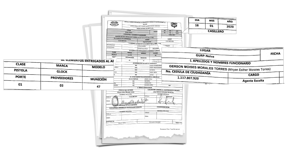 Pie de foto:Facsímil del acta de entrega de una pistola y demás implementos de dotación, que tenía la hermana de “Conejo” en su poder y los cuales recogió la Unidad Nacional de Protección en Neiva. Esto hace constar que “Conejo” no portaba el arma de trabajo como se rumoró el día de los hechos.