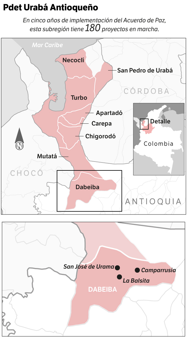El PDET del Urabá Antioqueño está conformado por los municipios de Apartadó, Carepa, Chigorodó, Mutatá, Necoclí, San Pedro de Urabá, Turbo y Dabeiba.
