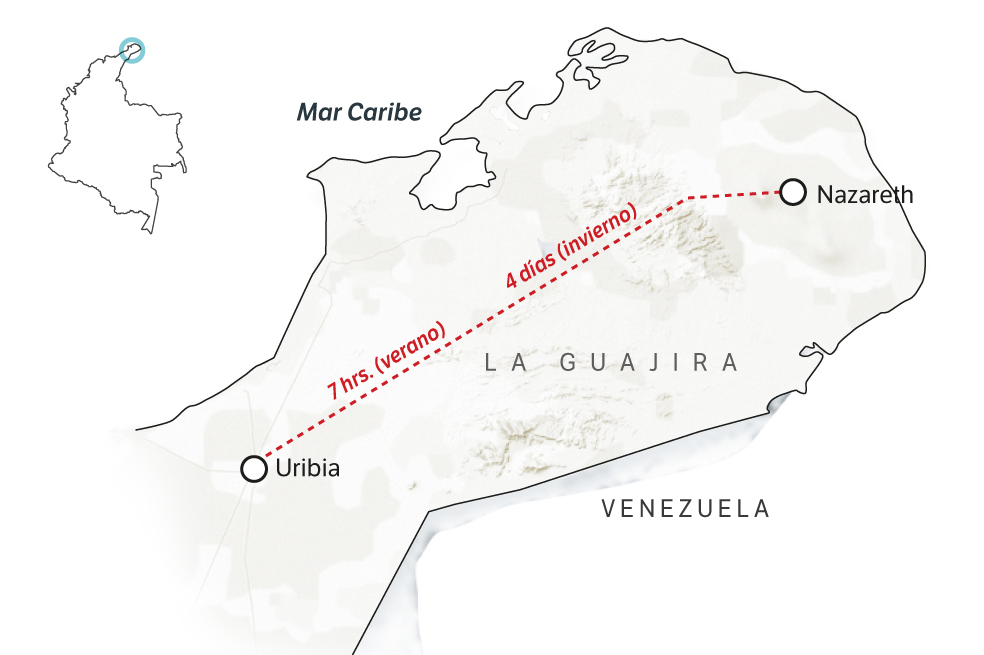 Desde el corregimiento Nazareth, que es el inicio de la Guajira, hasta Uribia, el traslado suele ser entre 6 y 7 horas en verano. La cosa cambia cuando hay lluvia, porque nos terminamos echando hasta 3 o 4 días, dependiendo de cómo encuentren las vías.