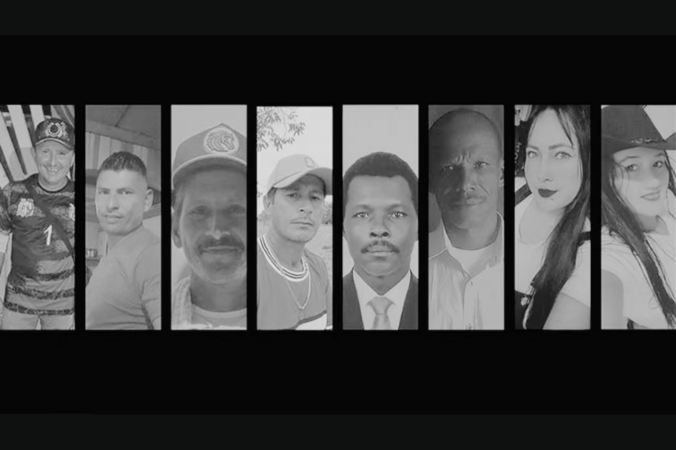 Las víctimas son (de izquierda a derecha) Nixon Peñaloza (presidente de la JAC de Agua Bonita), Isaid Gómez, Jesús y Carlos Valero, el pastor James Caicedo, Óscar y Maryuri Hernández, y Marivel Silva.