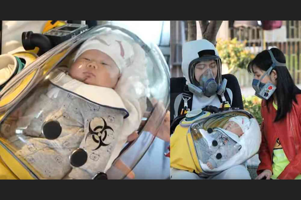 COVID-19: un padre de familia inventa una capsula para poder salir con su hijo a la calle