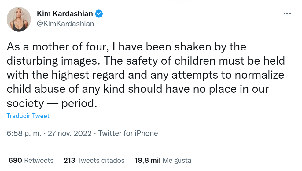 Tweet de Kim Kardashian asegurando que las imágenes le habían perturbado.