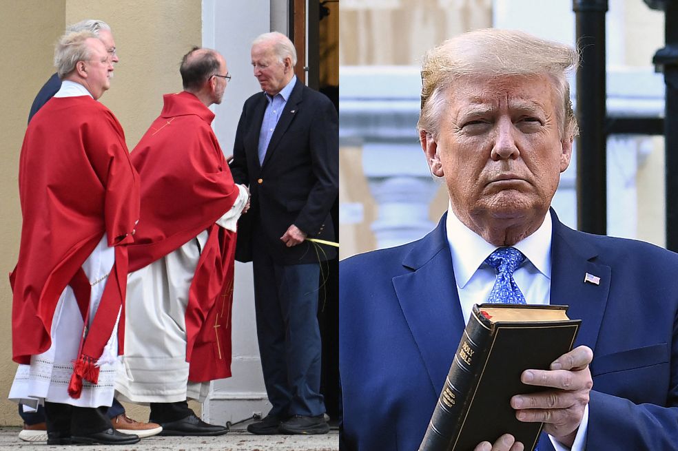 Biden va a misa, mientras Trump vende biblias y se compara con Jesucristo