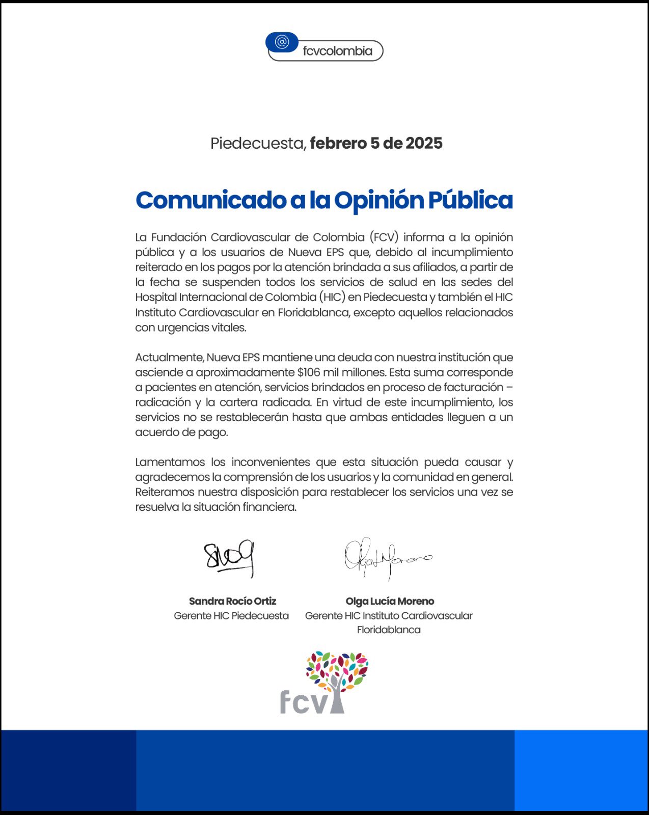 Este es el comunicado de la Fundación Cardiovascular de Colombia.