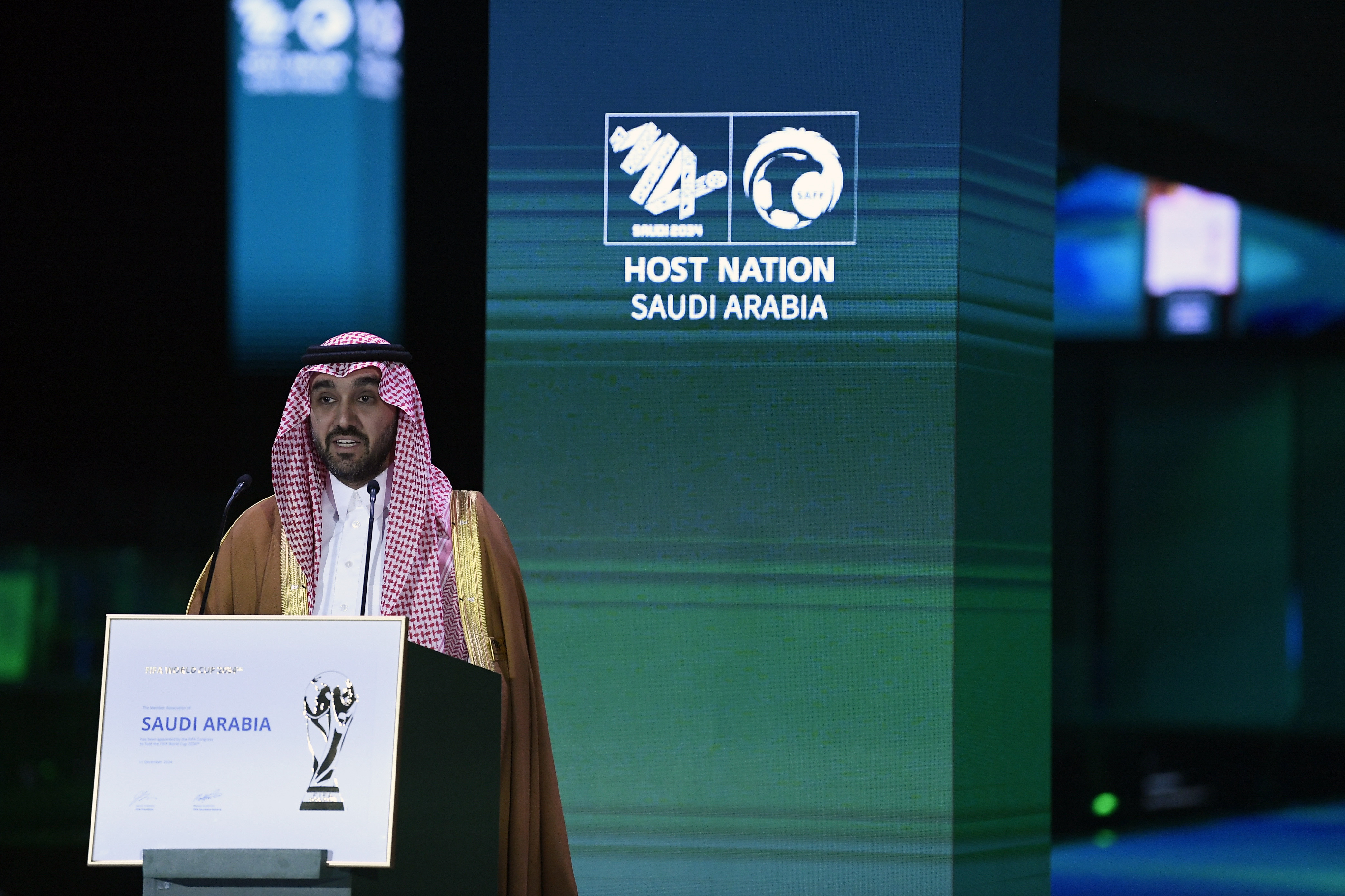Riyadh (Saudi Arabia), 11/12/2024.- Saudi Arabia's Minister of Sports and Youth Abdulaziz bin Turki al-Faisal al-Saud speaks after Saudi Arabia was confirmed as host of the 2034 World Cup, in Riyadh, Saudi Arabia, 11 December 2024. The Extraordinary FIFA Congress 2024 on 11 December officially named Saudi Arabia as the host nation of the FIFA World Cup 2034. (Mundial de Fútbol, Arabia Saudita) EFE/EPA/STRINGER