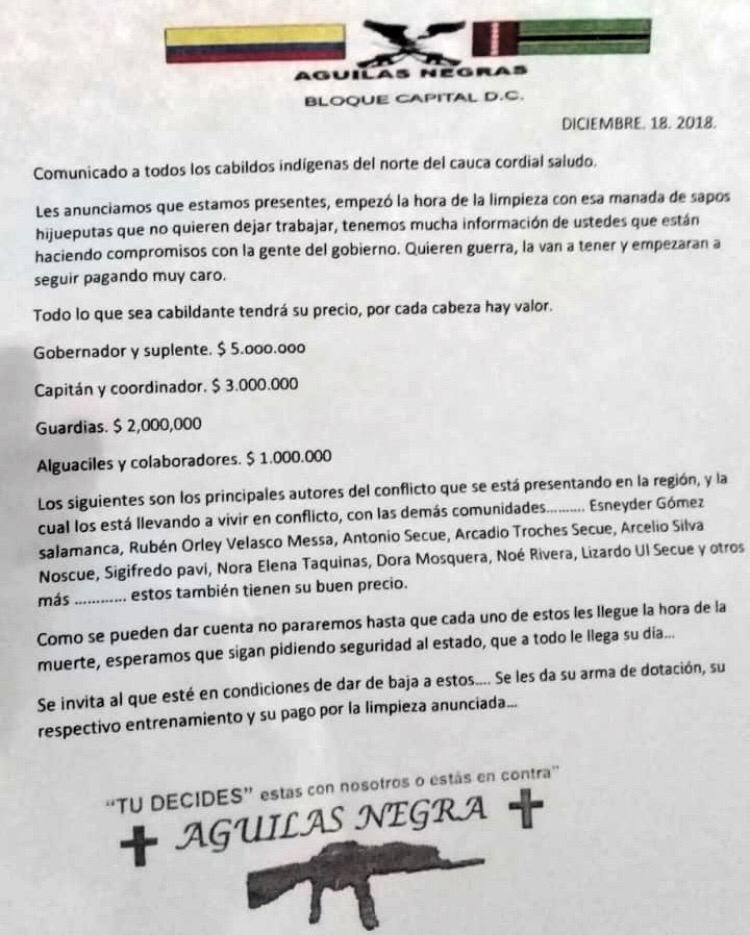Inmediatamente la ONIC denunció lo sucedido y alertó a las autoridades de las amenazas en su contra. Sin embargo, allí no terminó todo. Ayer, 19 de diciembre, en medio de las actividades de denuncia, surgió un nuevo panfleto esta vez firmado por lo que sería una disidencia de las Farc.“En otras palabras dicen que van a empezar la limpieza social. Sin duda, el riesgo de las autoridades aumentó. Nosotros estamos muy preocupados porque nosotros sabemos que las autoridades inician con mucha fuerza, pero vemos un riesgo muy fuerte, lo que más nos preocupa es que pueda ocurrir algo con la guardia y los comuneros”.