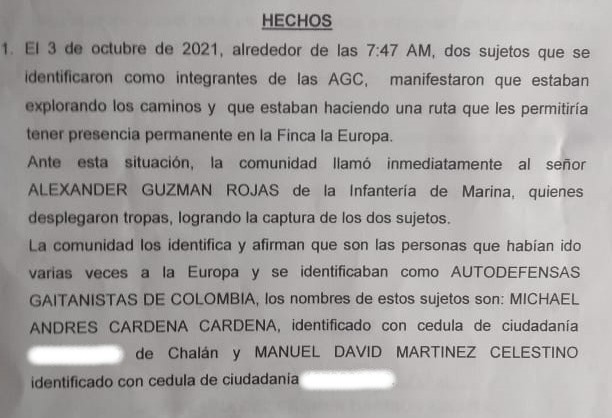 Fragmento de la denuncia interpuesta por la Asociación de Campesinas y Campesinos de La Europa el pasado 3 de octubre.