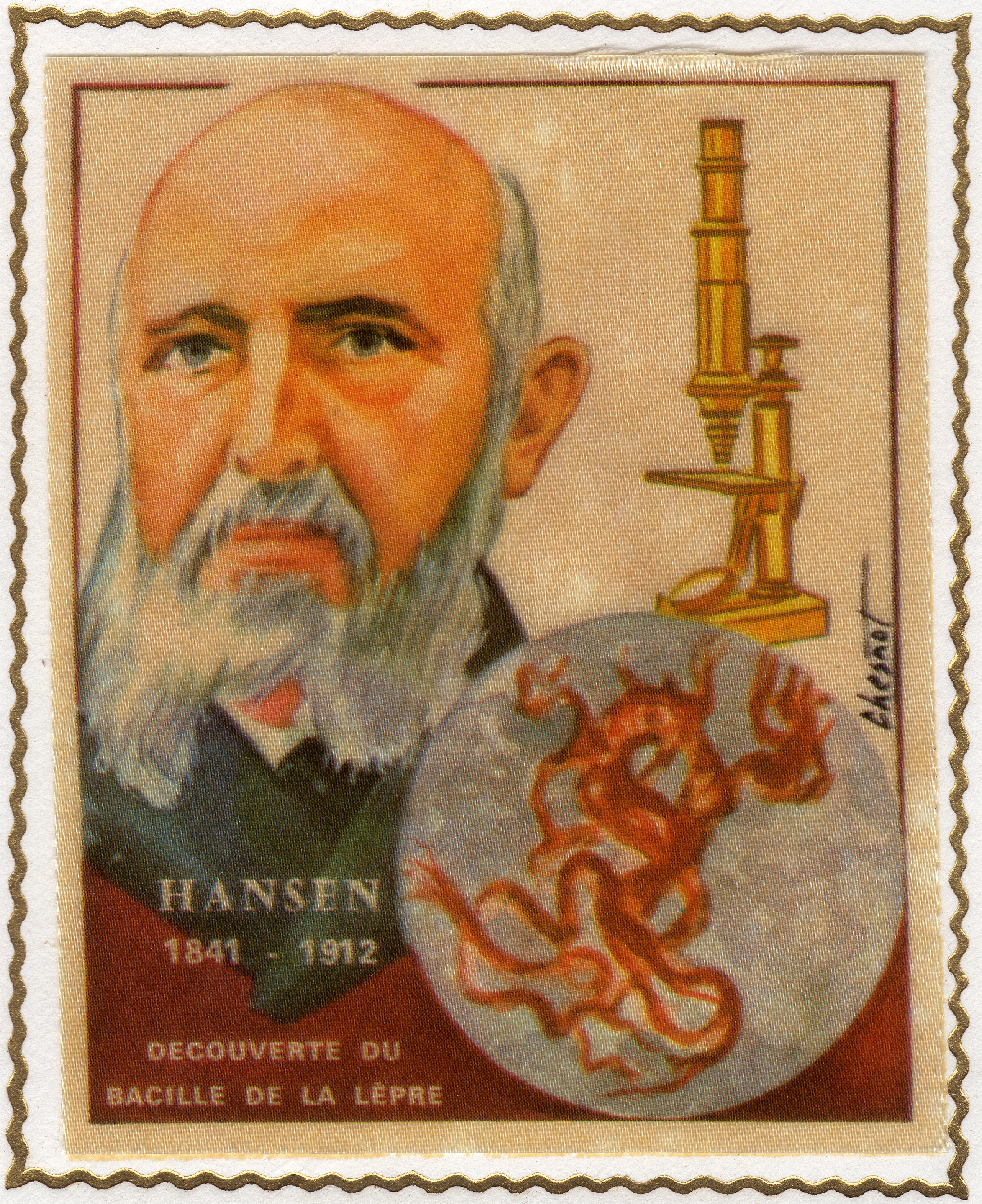 Imagen de tarjeta máxima, Francia, 1973, imagen del doctor Gerhard Armauer Hansen, conmemorativa del centenario del descubrimiento del bacilo de la lepra.