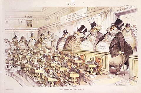 Esta caricatura representa gráficamente el poder que los empresarios tenían en la legislación estadounidense.