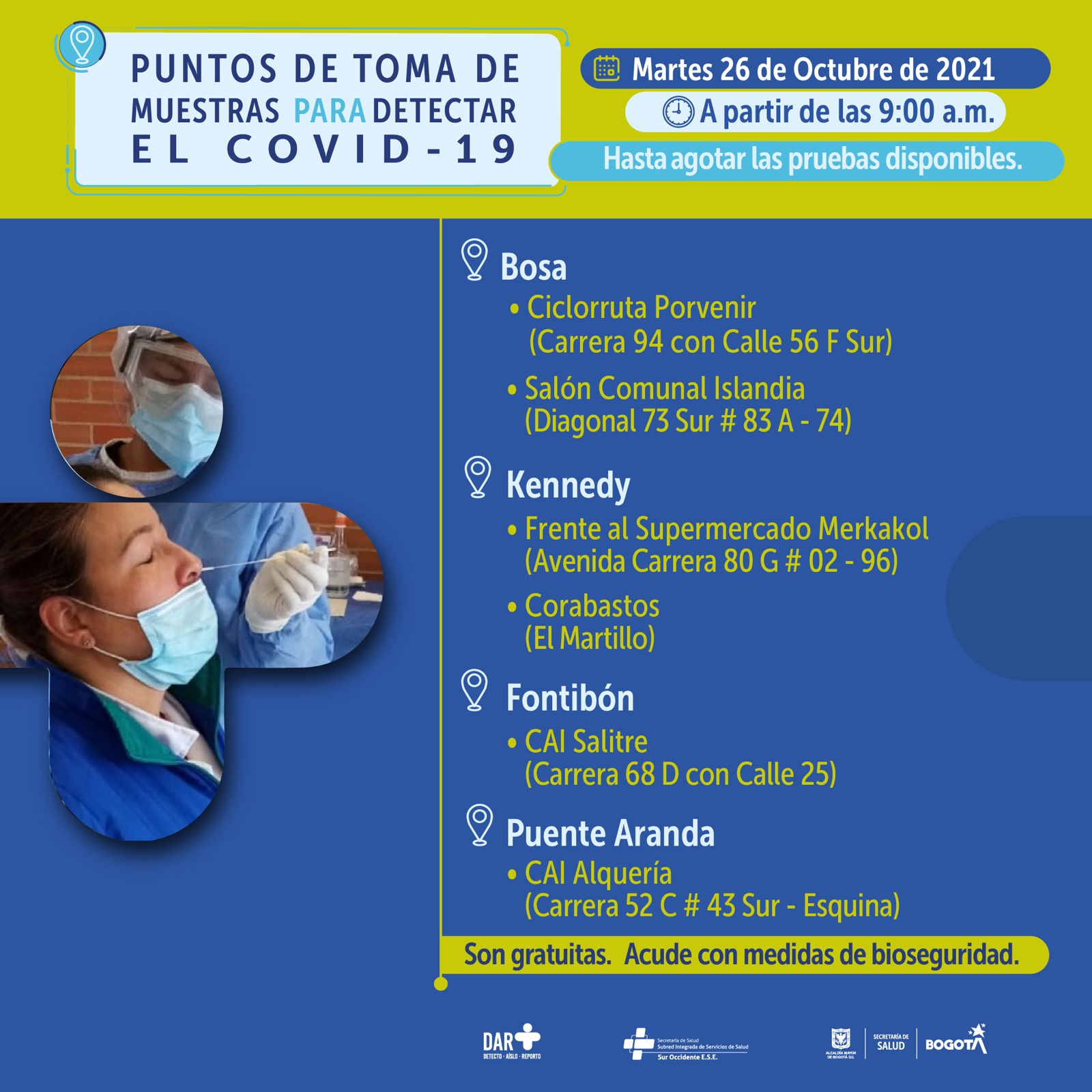 ¿Dónde hay pruebas gratuitas contra Covid-19 este martes en Bogotá?