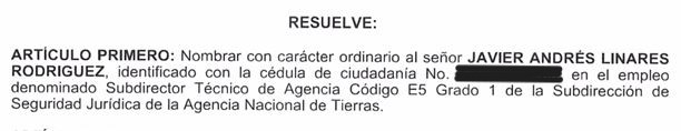 El decreto que ordenó el nombramiento de Javier Andrés Linares Rodríguez.