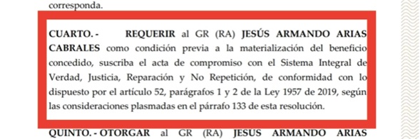 Compromiso de colaboración con la justicia del general Jesús Armando Arias Cabrales