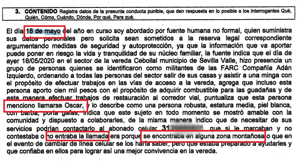 Captura de pantalla de la declaración rendida por una fuente a la Policía sobre los hechos acaecidos el 18 de mayo del 2020.