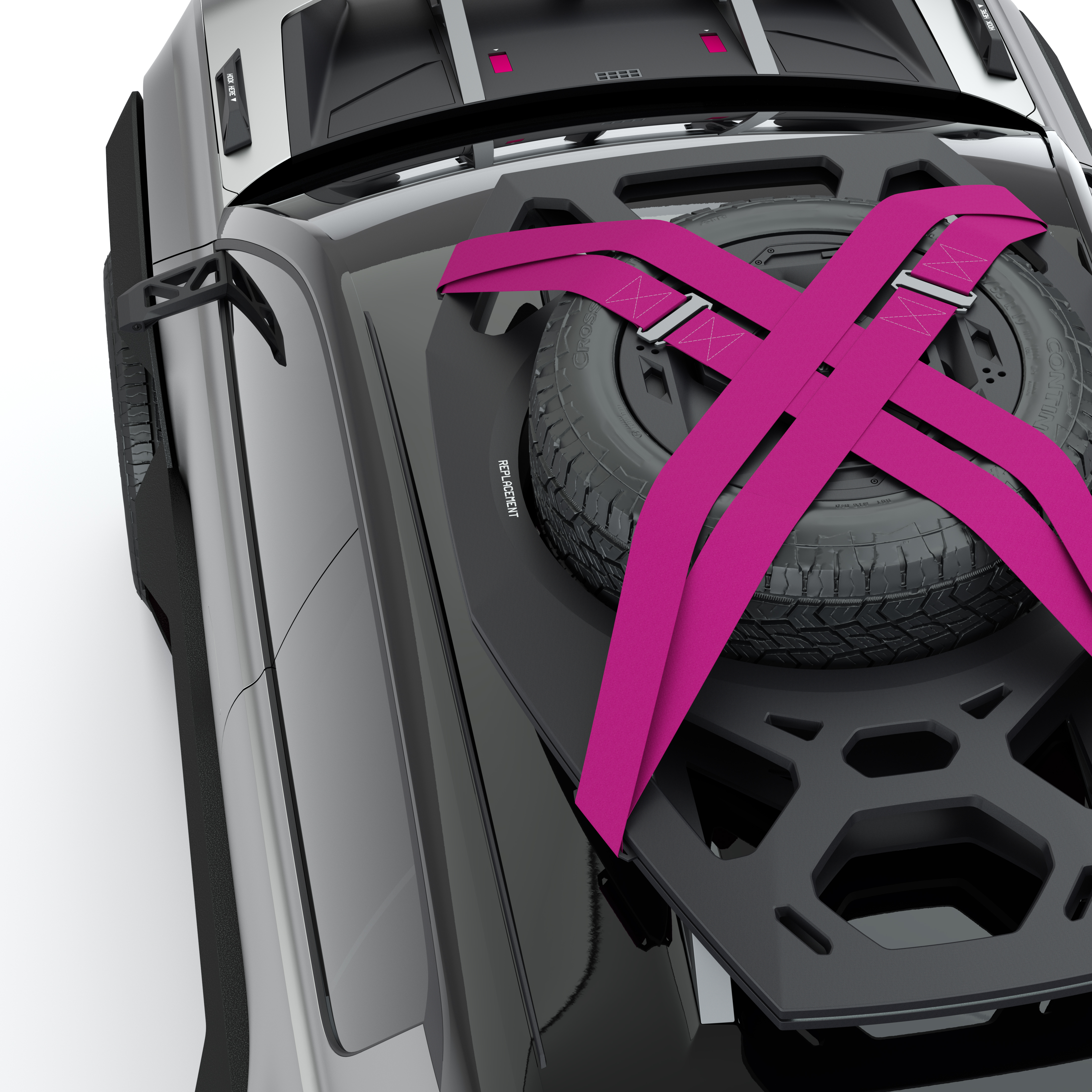 Algunos detalles estéticos que sobresalen son sus luces tipo Matrix LED, los anchos pasos de rueda que insinúan su capacidad fuera del pavimento y la ubicación de la rueda de repuesto, en el techo del carro.