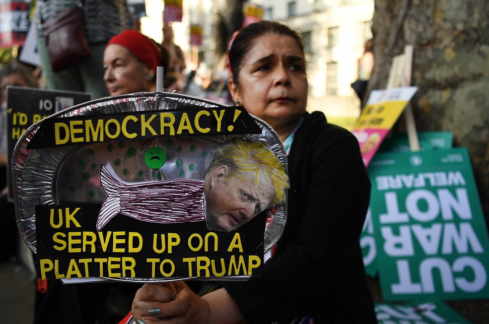 London (United Kingdom), 22/07/2019.- Anti Boris Johnson demonstrators protest during a People's Assembly protest against Boris Johnson as Prime Minister in London, Britain, 22 July 2019. Johnson is likely to be named as the new Conservative Party leader in London 23 July. (Protestas, Reino Unido, Londres) EFE/EPA/ANDY RAIN