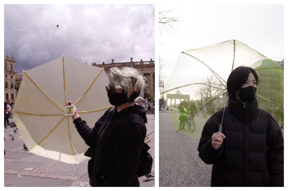 Natalia Rivera en la Plaza Bolívar, Bogotá, y Jung Hsu en la calle Unter den Linden, Berlín, probando los prototipos de la obra en sus respectivas ciudades.